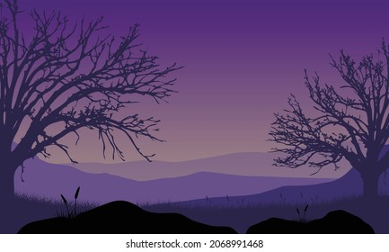 Stunning mountains view with dry tree silhouettes from the outskirts of the city at dusk. Vector illustration of a city