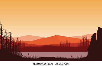 Stunning mountains view with the silhouette of the pine trees from the riverbank at sunset in the afternoon. Vector illustration of a city