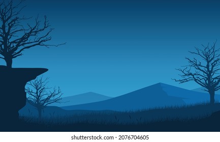 Stunning mountains view of the village at night with small grass silhouettes around it. Vector illustration of a city