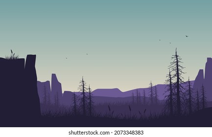 Stunning mountains views from the out of the city at sunrise. Vector illustration of a city