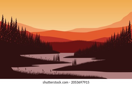 Stunning mountains views from the river bank at sunset with the aesthetically pleasing silhouette of pine trees. Vector illustration of a city