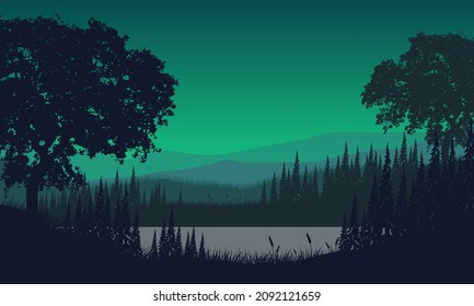 Stunning mountains views from the riverside with the silhouettes of pine trees all around. Vector illustration of a city