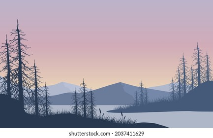 Stunning mountains views from the riverside at sunrise with the silhouettes of pine trees around. Vector illustration of a city