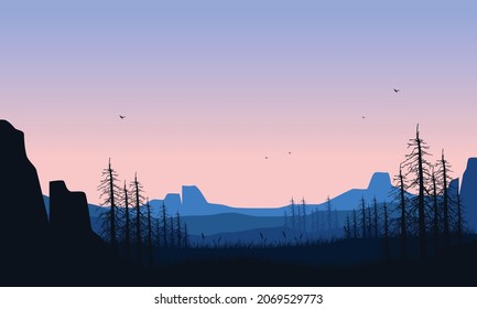 Stunning natural scenery from the out of the city at dusk in the afternoon. Vector illustration of a city