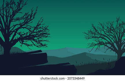Stunning natural scenery from the outskirts of the city at night with dry trees all around. Vector illustration of a city