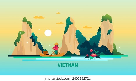 The stunning nature of Vietnam - modern colored vector illustration with big mountains in the middle of the water surface at sunset or sunrise. Local peasant woman on a boat in national dress