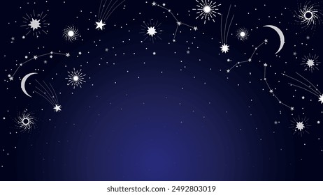 A stunning night sky design with crescent moons, stars, constellations, and shooting stars on a deep blue gradient background.