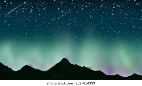 Stunning night sky with green aurora borealis over mountain silhouette, featuring twinkling stars and meteor streaks. Perfect for nature, nightscape, or cosmic-themed designs.