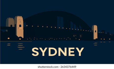 Uma impressionante cena noturna da Ponte Harbour de Sydney, iluminada contra o céu escuro, com as luzes da cidade refletindo fora da água