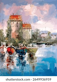 Stunning Oil Painting Depicting Boats Gliding Across a Tranquil Lake.