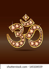 Stunning Om symbol with amber or topaz semi-precious stones embedded into a gold channel setting. Vector EPS-10 file, transparency used.