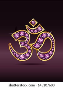 Stunning Om symbol with garnet semi-precious stones embedded into a gold channel setting. Vector EPS-10 file, transparency used.