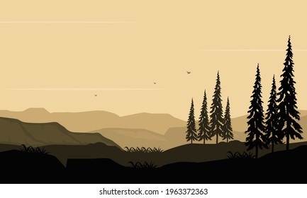 Stunning Panorama of silhouettes of mountains and pine trees in the morning. Vector illustration of a city