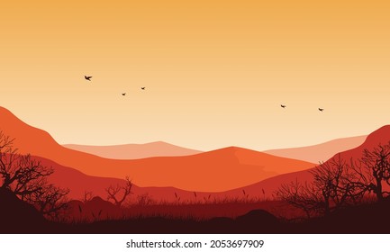 Stunning panoramic view of the mountains in the afternoon from the edge of the city. Vector illustration of a city