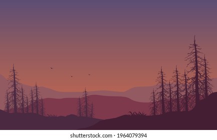 Stunning panoramic views of the mountains at twilight from the edge of the city. Vector illustration of a city