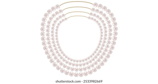 Stunning Pearl Necklace On White Background, Vintage Jewelry Beads Garland Vector Illustration.	