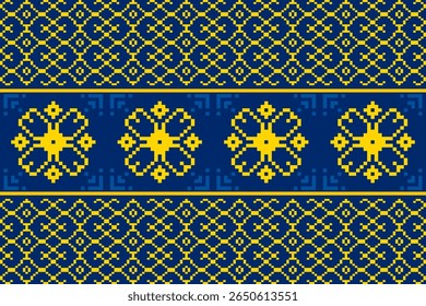 Stunning pixel art seamless pattern inspired by traditional Thai textiles. Elegant blue and gold geometric floral motifs evoke cultural heritage, perfect for fabrics, digital art, crafts, and design p