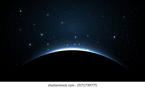 Stunning Planet Eclipse Concept: Blue Solar Light Glare an Abstract Glowing Sunrise on Planet and Earth Illustration for Posters, Backgrounds, Banners, Covers, Leaflets, Flyers, and Brochures. Vector.