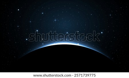 Stunning Planet Eclipse Concept: Blue Solar Light Glare an Abstract Glowing Sunrise on Planet and Earth Illustration for Posters, Backgrounds, Banners, Covers, Leaflets, Flyers, and Brochures. Vector.