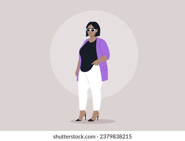 A stunning plus-size model dressed in a lavender cardigan, white pants, and high heels