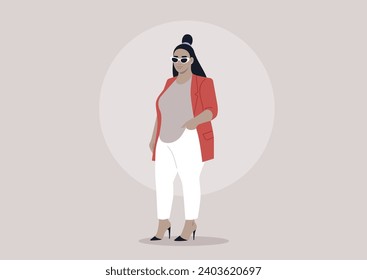 A stunning plus-size model dressed in a red cardigan, white pants, and high heels