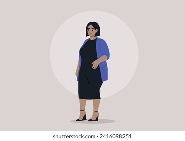 A stunning plus-size model dressed in a vibrant cardigan, elegant black dress, and wedge shoes