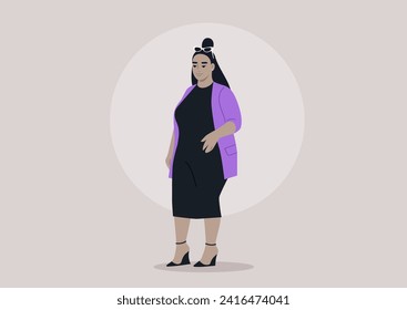 A stunning plus-size model dressed in a vibrant cardigan, elegant black dress, and wedge shoes