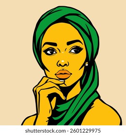 A stunning portrait of a woman in a green headscarf, lost in deep thought.