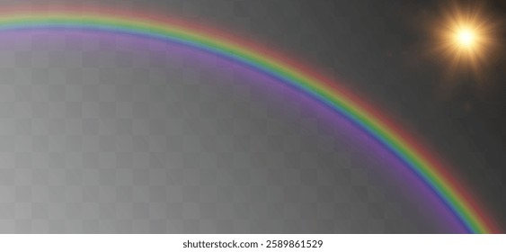 A stunning rainbow arching gracefully against a soft gray background, with a glowing sun shining nearby. This vibrant image adds a touch of joy and color to any design project.
