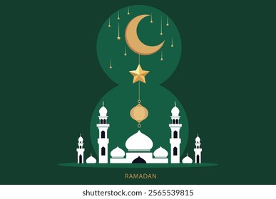 Stunning Ramadan design featuring a crescent moon, star, lantern, and mosque silhouette. Ideal for Islamic events, festive greeting cards,
 religious posters, and spiritual celebration graphics