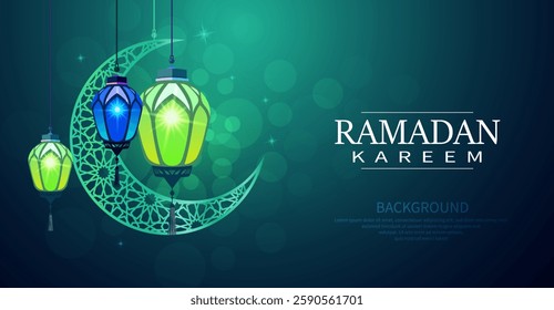 Stunning Ramadan Kareem background featuring glowing lanterns, a crescent moon, and Islamic decorative patterns. Perfect for greeting cards, social media posts, and festive designs.