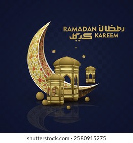 A stunning "Ramadan Kareem" design featuring a crescent moon on a blue background, symbolizing peace and spirituality. Perfect for festive greetings and Islamic celebrations.