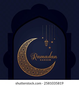 A stunning "Ramadan Kareem" design featuring a crescent moon on a blue background, symbolizing peace and spirituality. Perfect for festive greetings and Islamic celebrations.