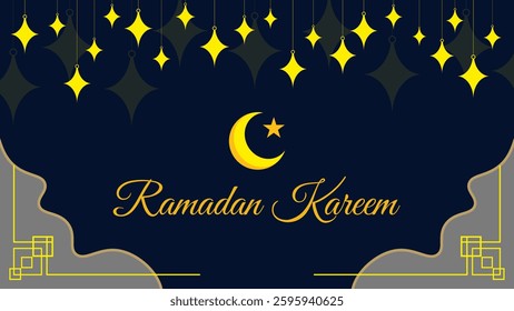 Stunning "Ramadan Kareem" design with a golden crescent moon, glowing stars, and intricate gold-gray patterns, creating a festive and elegant Islamic vibe. suitable for Eid or Ramadan or other content