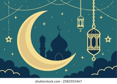 A stunning Ramadan-themed illustration featuring a glowing golden crescent moon and ornate lanterns hanging gracefully in the night sky.