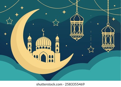 A stunning Ramadan-themed illustration featuring a glowing golden crescent moon and ornate lanterns hanging gracefully in the night sky.