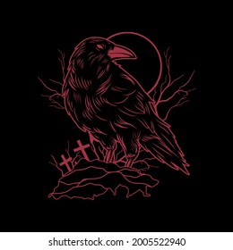 Stunning Red Colored Raven Tattoo And T-shirt Design Illustration