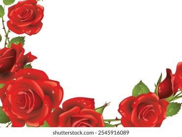 Stunning red roses with dewdrops and green foliage forming a corner border design. Perfect for love-themed projects, greeting cards, posters, or elegant event invitations