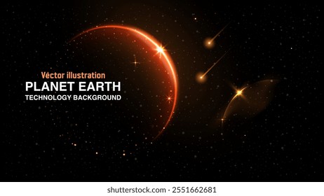 Stunning Red-Orange Glow Fantasy Galaxy Background Featuring Planet Earth: Cosmic Universe and Starry Outer Space Vector Art