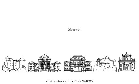Stunning religious and cultural sites in Slovenia. Cityscape with country architecture. Vector illustration with black lines on a white background.