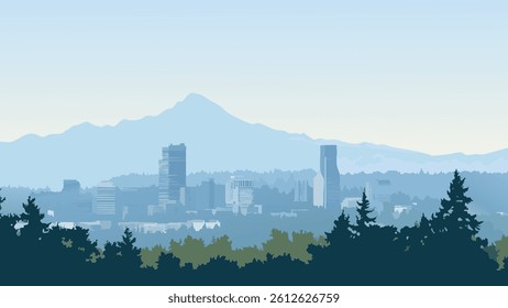 A stunning representation of Portland's skyline, with its unique blend of modern architecture, green spaces, and bridges.