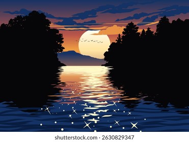 Deslumbrante rio pôr do sol ilustração com silhueta de árvores no fundo