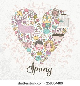 Stunning romantic card with heart made of flowers, couple of lover, ship, owl, deer, birds, stars and hearts in bright colors in vector. Awesome spring concept background for romantic design