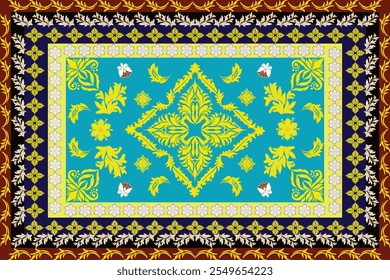 A stunning rug design featuring a vibrant teal backdrop adorned with an intricate golden-yellow floral centerpiece, highlighted by symmetrical leaf and flower motifs that evoke balance and elegance