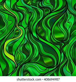 Stunning seamless abstract stained glass window design, in green tones. Vector EPS-10 file, transparency used. 