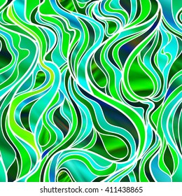 Stunning seamless abstract stained glass window design, in green and blue tones. Vector EPS-10 file, transparency used. 