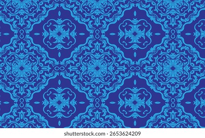 Impressionante padrão de batik azul sem emenda. Apresenta intrincados motivos indonésios, perfeito para têxteis, fundos, web e branding. Elegante, versátil e cultural.
