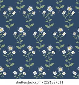 A Stunning Seamless Bouquet of Fresh White Daisies on a Deep and Dreamy Dark Blue Background, Perfect for Adding a Touch of Cheerful Elegance. 