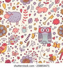 Stunning seamless pattern with animals, birds and insects in hearts and flowers. Sweet sheep, owl, bird, bee, bug, rabbit in vector. Awesome cartoon seamless pattern for lovely childish designs