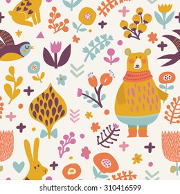 Stunning seamless pattern with birds swallows, rabbits, bear and leafs with flowers. Lovely floral background with cute animals and birds in bright colors in vector